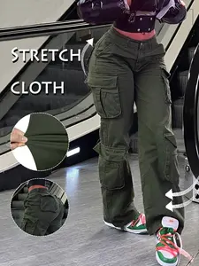 GILIPUR Women's Plain High Waist Cargo Pants, Casual Comfort Basic Y2K Kpop Style Streetwear Pocket Design Trousers for Daily Wear, Womenswear for Fall & Winter, Going Out Bottoms, Baggy Pants,Tchic