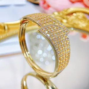 1pc Elegant Luxury Copper Bangle, Wide Hollow-Out Design with Micro Pave White Zirconia, Gold-Tone Jewelry for and Party Occasions