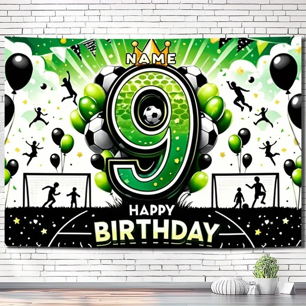 1PC Printed Reusable Polyester 2D Flat Soccer-Themed 9th Birthday Banner, Customizable Name, Green Balloons & Soccer Field Decor, Festive Touch Kids' Party Hanging Cloth for Porch & Room