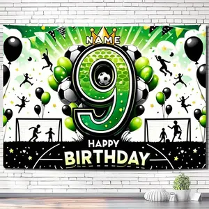 1PC,2D Flat Soccer - Themed 9th Birthday Banner, Customizable Name, Green - colored Balloons & Soccer Field Decoration, Kids' Birthday Party Atmosphere - creating Hanging Cloth, Porch & Room