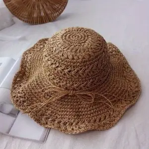 Women Summer Sun Hat Breathable Crochet Straw Bow Sun Protection Beach Fisherman Hat  scandinavian summer hat vintage hats