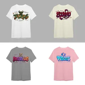 [Full 12 Zodiac] Hip Hop Zodiac Graphic T-Shirt, Zodiac Birthday Street Style Tee for White_ Sport Grey_ Sand_ Light Pink - DarkFlex