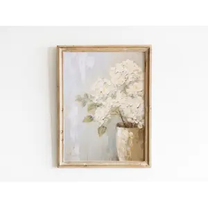 White Hydrangeas Muted Vintage Print | Farmhouse Wall Decor | Botanical Wall Art | Living Room Art | Digital  Vintage Art Decoration