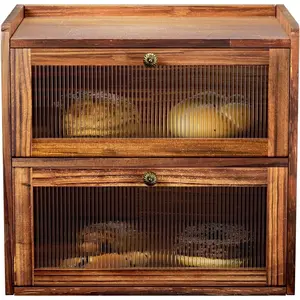 Bread Box for Countertop Wooden Bread Container Bin 2 Layer Corner Breadbox Large Capacity, Vintage Farmhouse Food Organizer Pantry Shelf with Window Brown Pine Wood