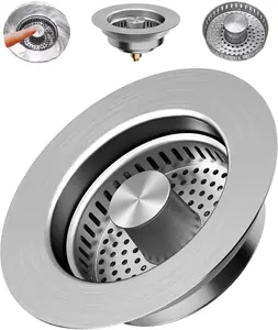 Anti-Clog 3-in-1 Pop Up Multi-Functional Sink Strainer Stopper, Full Stainless Steel All Metal Drain Basket with Handle Rod, Kitchen Sink Replacement for US Standard 3-1/2 Inch Drain