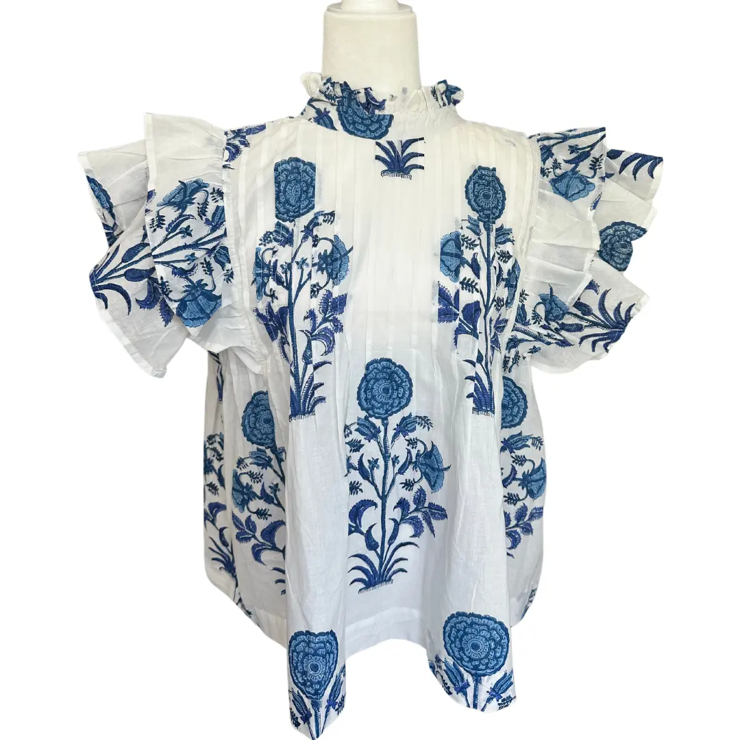 Rena Lina - Blue & White Large Floral Block Print Flutter Cap Sleeve Women’s Work Blouse - Babydoll, Pin-Tuck Button Up - Size Inclusive XS - 3X