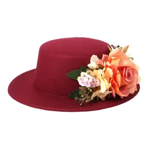Vintage Fedora Hats for Women with 3D Floral Rose Decor, Elegant Felt Wide Brim Panama Hat for Wedding Tea Party Church, Lightweight Polyester Womens Dress Hat Adjustable