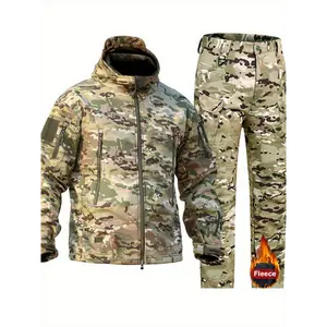 Men's Camo Sharkskin Jacket & Fleece-Lined Fleece Pants Set Windproof Waterproof Warm Hooded Outfit for Hiking Hunting & Outdoor Adventures Athletic Fashion Activewear Tracksuit