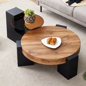  [Bellemave] Double-Layer Round Coffee Table with Wood Grain Tabletop| Transparent Glass Top & L-Shaped Legs| Detachable Design