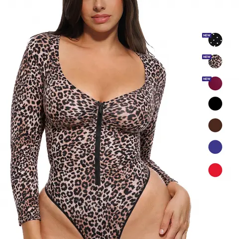 Shapellx Seamless Full-Body Zipper Shaper Leopard Print Bodysuit | Fitted Long Sleeve Shapewear with Bust Support & Thong Bottom for Women Back to School