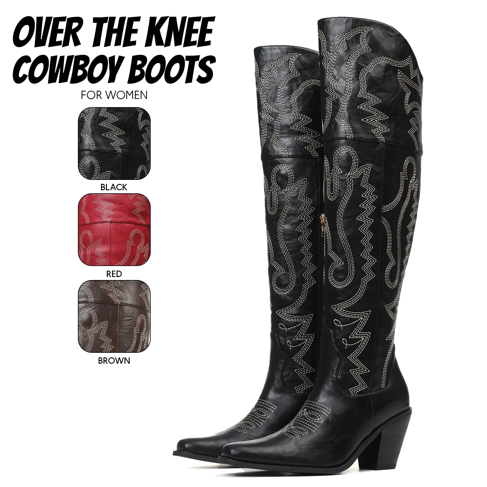 Cowboy Boots For Women Over the Knee Boot Pointed Toe Chunky Block High Heel Embroidery Fashion Party Country Wedding Date Dress Casual Western Boots Cowgirl Shoes
