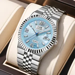 LAOSIBIN Classic Men's Fashion Watch, Three-Dimensional Grid Texture Stainless Steel Strap Wristwatch, Waterproof Luminous Quartz Date Display Boss Watch Summer Business