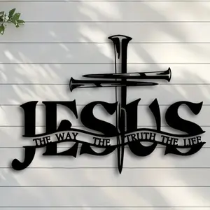 2D plan, 1 large Jesus metal wall decoration - Religious Home Decor - Elegant black cross with prayer hand and Jesus lettering - Spiritual gift for birthdays - Faith based religious art - Creative gift for Jesus enthusiasts - Durable metal structure