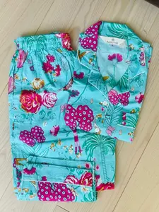 Hand Block Print Long Pajamas Set, Summer pajamas for women, Night Wear, Soft Cotton Night Suit, Bridesmaid Gift For Her