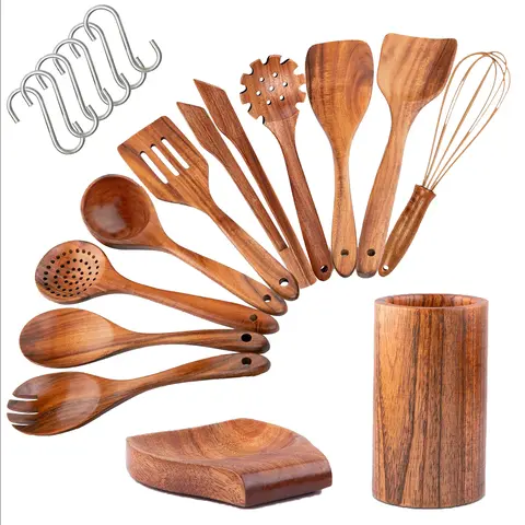 Teak Wooden Kitchen Utensils Set - Heat Safe Non-Stick Pan Wood Spoons & Spatula Cookware Tools for Home Everyday Use