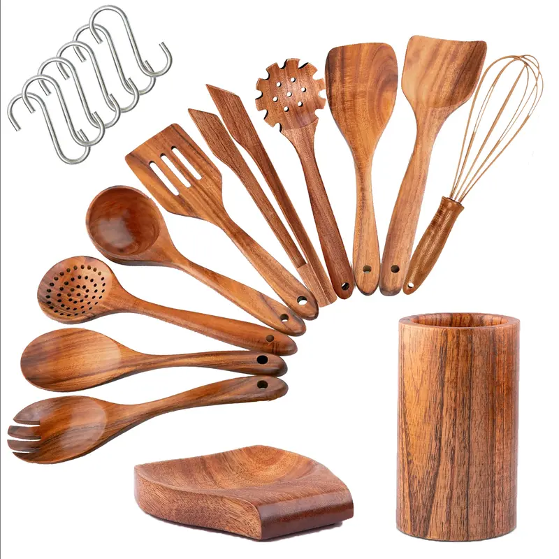 Teak Wooden Kitchen Utensils Set - Heat Safe Non-Stick Pan Wood Spoons & Spatula Cookware Tools for Home Everyday Use