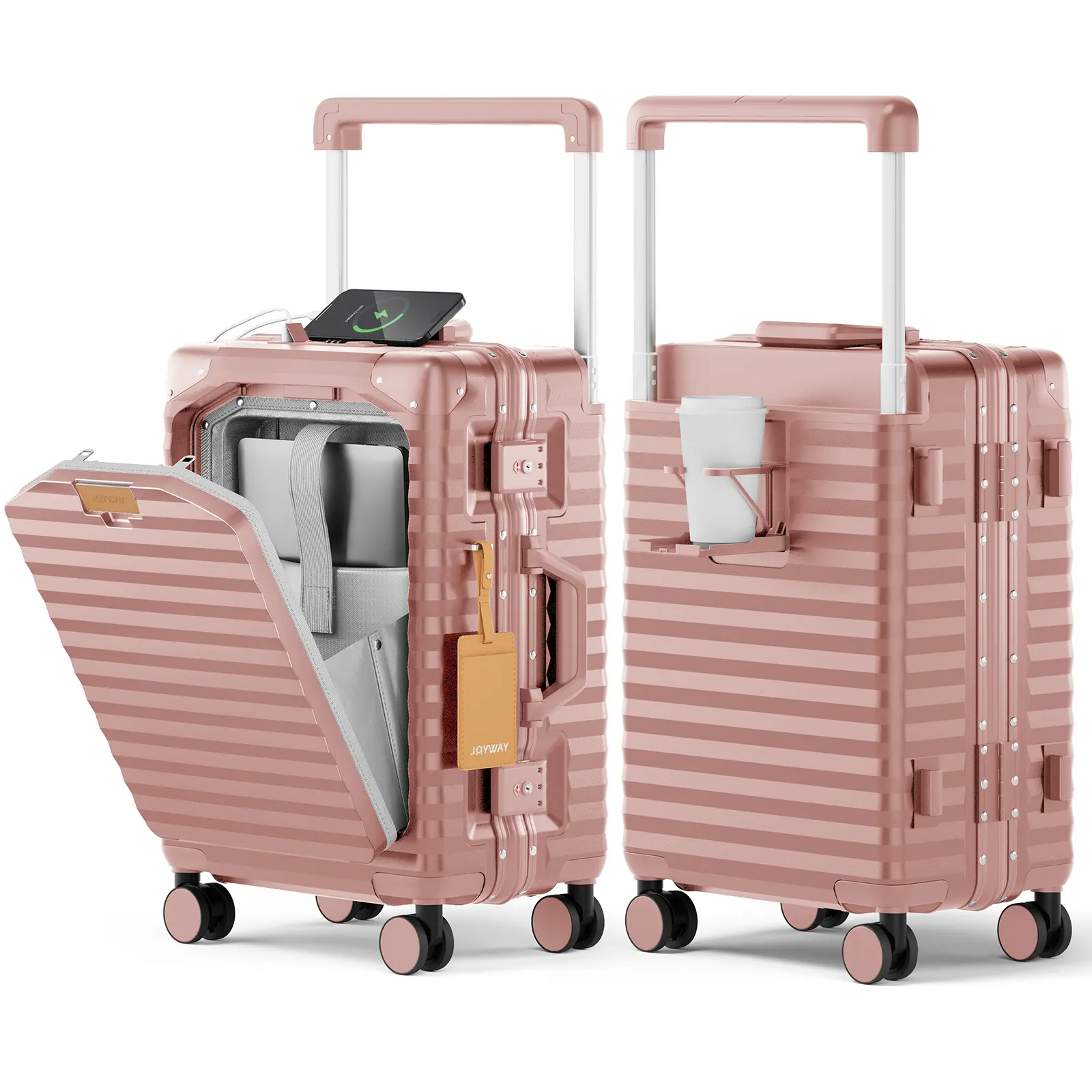20 Inch Carry On Luggage, PC Hardshell with Aluminum Frame, Front-Opening Laptop Pocket, Spinner Wheels, USB Port, Cup Holder & TSA Lock, 4-Wheel Carry-On Luggage