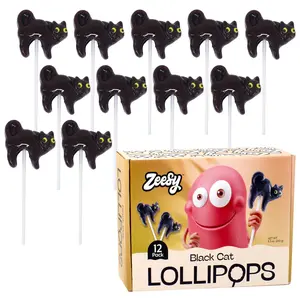 Zeesy Black Cat Halloween Lollipops - 12 Pack Individually Wrapped Candy Suckers for Trick-or-Treat and Party Favors