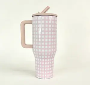 HydroJug 40oz Pink Gingham Tumbler with Handle & Lid - Stainless Steel Insulated Cup for Coffee, Water, & Travel Keeps Drinks Cold 24H Drinkware Flasks Mug Bottles Bottled Portable