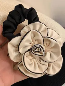 1Pc Elegant Camellia Scrunchie, Black & White Satin Flower Hair Tie, Luxury Hair Accessory for Women, Floral Hair Accessories