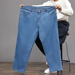 Men's Spring Summer Light Blue Big & Tall Jeans Stretch Relaxed Fit Straight Leg Pants for Casual Wear Comfortable & Flexible