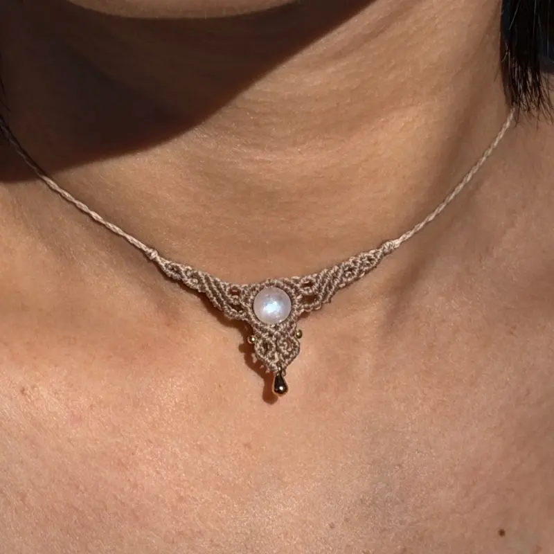 Handmade White Moonstone Macrame Choker Necklace with Gold-Plated Copper Beads, Original Design Adjustable Boho Jewelry