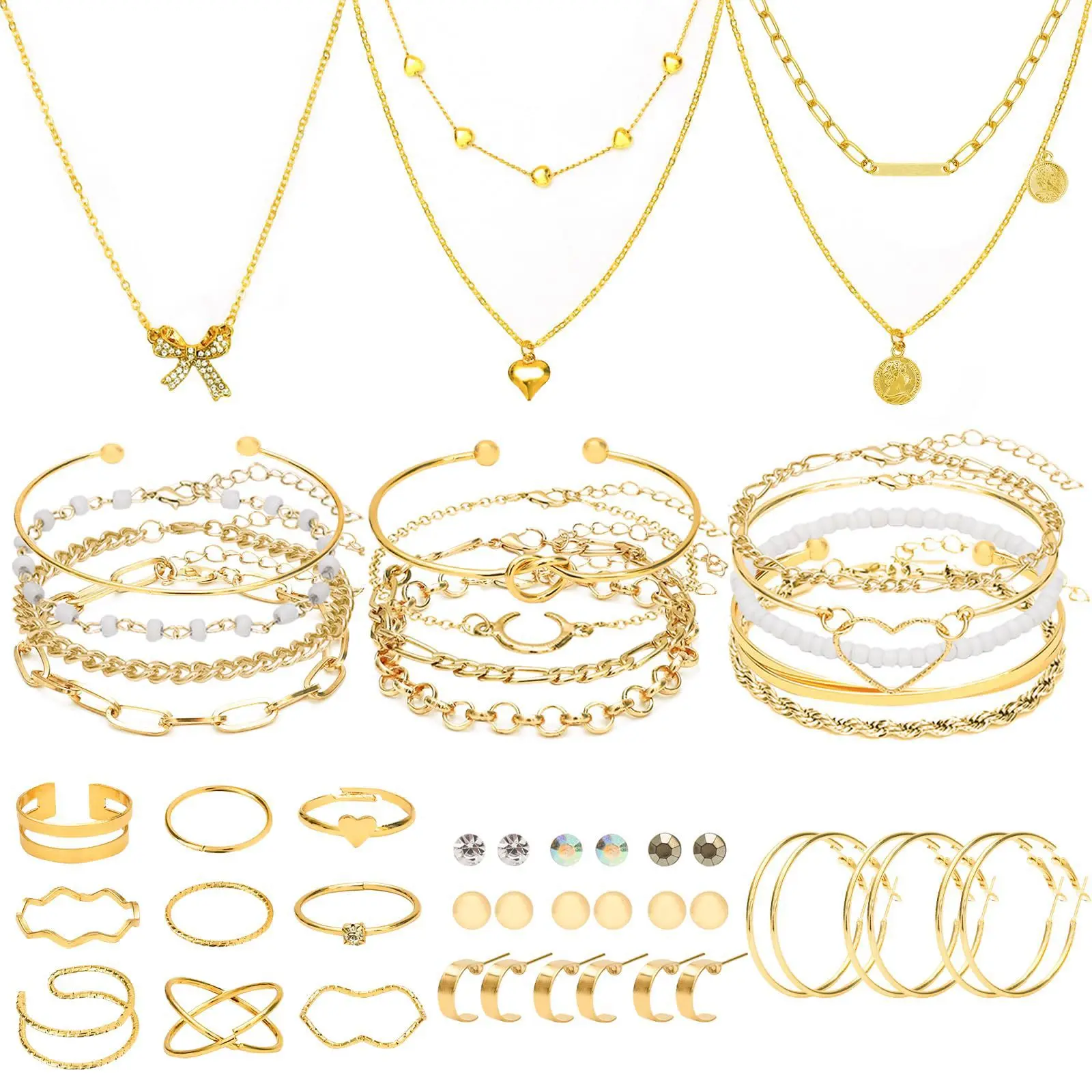 Women's 49-Piece Gold-Plated Jewelry Set - Stylish Accessories, Butterfly Necklaces, Heart Bracelets, Earrings, Knuckle Rings, Heart Necklace Pendant, Jewelry Stack for Daily Wear & Holiday Gifting