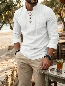 Men's Vintage Festival Costume Cotton Blend Henley Shirt - Lightweight, Breathable, Solid Color Lace-Up Tunic Top with Premium Fabric