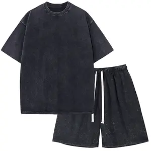 Arssm  Oversized T-Shirt Shorts Sets Vintage 2 Piece Outfit Summer Track Shorts Set Athletic Acid Wash Tracksuits Black Round Neck