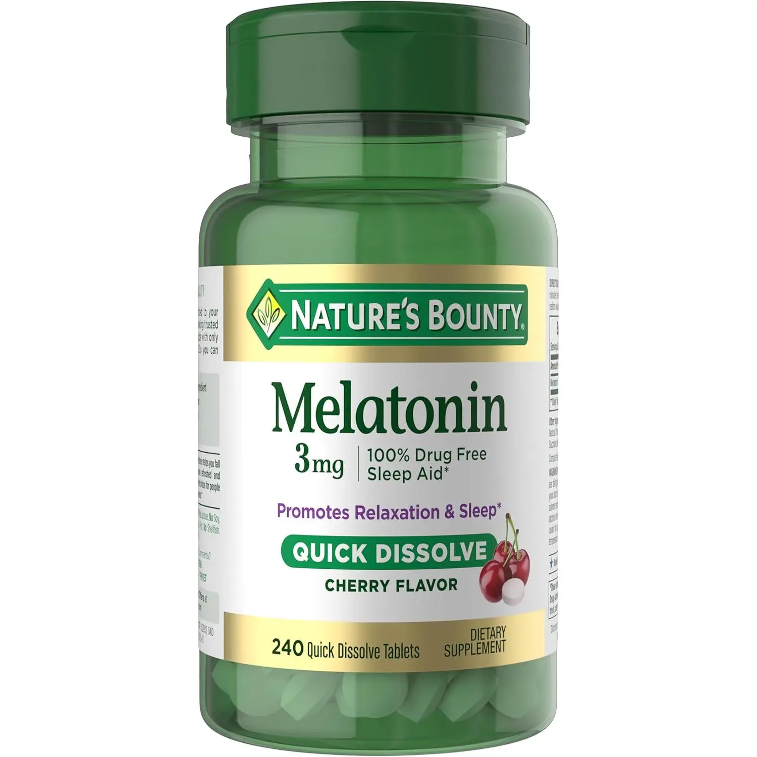 Nature's Bounty 3mg Melatonin Quick-Dissolve Tablets - Gluten-Free, Dairy-Free, Vegetarian Adult Sleep Aid, Cherry-Flavored Natural Dietary Supplement, 240 Count (Pack of 1), 240 Ct, Drug-Free