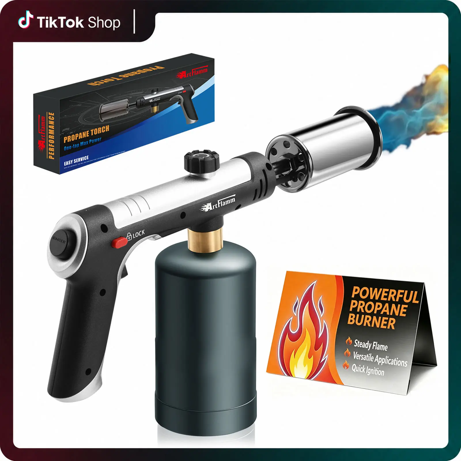 Powerful Propane Torch Gun,Kitchen Cooking Torch With One-Touch Max Fire, Charcoal Lighter with a Safety Lock, Adjustable Blow Torch for Sous Vide, BBQ, Campfire, Fireplace, Minor Welding, Portable (Tank Not Included)