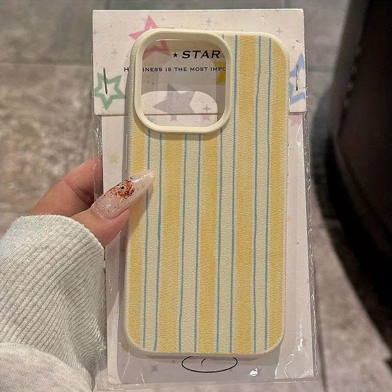Fresh Yellow & Blue Striped TPU Protective Smartphone Case - Anti-Drop, Drop-Resistant, Stylish, Multi-Model Fit for iPhone 16 Pro Max,16 Plus,15 Pro Max,15,14,13 Pro,12,11 Mobile Phone Accessory