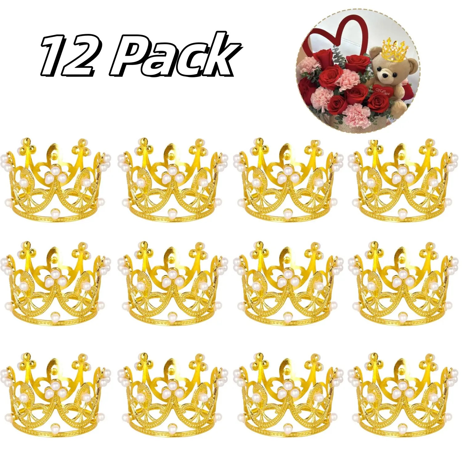 12-Pack Cute Gold Crown 3D Pearl Cupcake Toppers, Pre-Assembled Bakeware Decoration Inserts, 3D Pearl Cupcake Inserts for Kids' Princess Birthday & Anniversary Party Supplies