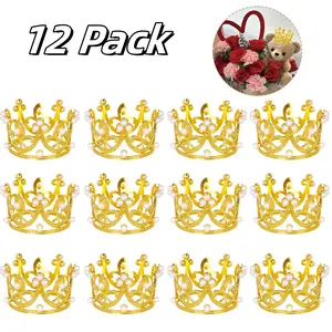 12 Pack Gold Mini Crown Cupcake Toppers 3D Pearl Crown Cupcake Picks for Princess Girls Birthday Anniversary Party Cake Decorations Supplies