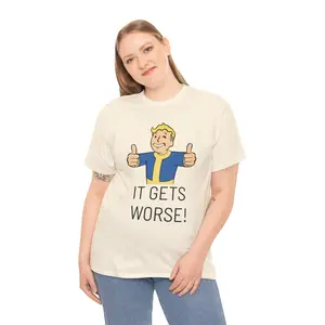 Fallout Vault Boy It Gets Worse T-Shirt, Funny Thumbs Up Disaster Graphic Tee, Retro Gaming Humor Top, Unisex Mens Womens Apparel