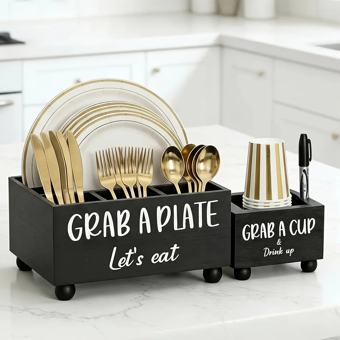 Wooden Kitchen Storage Set - 2 Paper Plate & Cup Dispensers, Multifunctional Cutlery Organizer with Labels, Ideal for Countertops, Parties, Camping