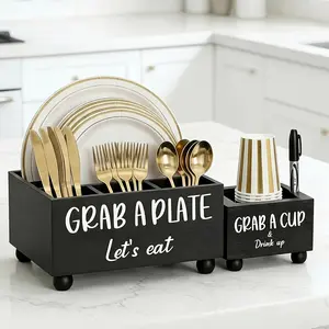 Wooden Kitchen Storage Set - 2 Paper Plate & Cup Dispensers, Multifunctional Cutlery Organizer with Labels, Ideal for Countertops, Parties, Camping