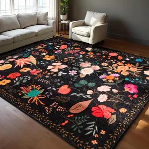 One piece velvet floral print bohemian style rug machine washable vintage large rug Bohemian Area Rug suitable for living room bedroom farmhouse dining room playroom orange pink black green beige