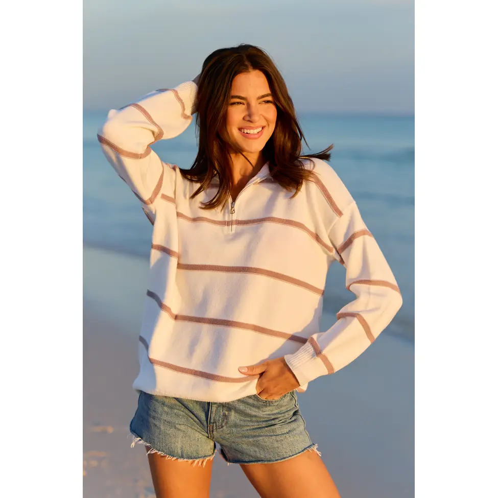 Sunday Stripe Club White And Taupe Quarter Zip