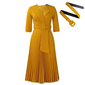Women's Chic Long-Sleeves Pleated Elastic Polyester Wrap V-Neck Belted High Waist Large Swing Midi Dress - Cocktail, Workwear Formal Wear for Office