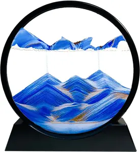 Moving Sand Art Liquid Motion - Moving Sand Art Picture 3D Deep Sea Sandscape, round Glass Frame Display Flowing Sand Relaxing Toy for Desktop Home Office Work Ocean Decor(Blue, 7") SANDCLE