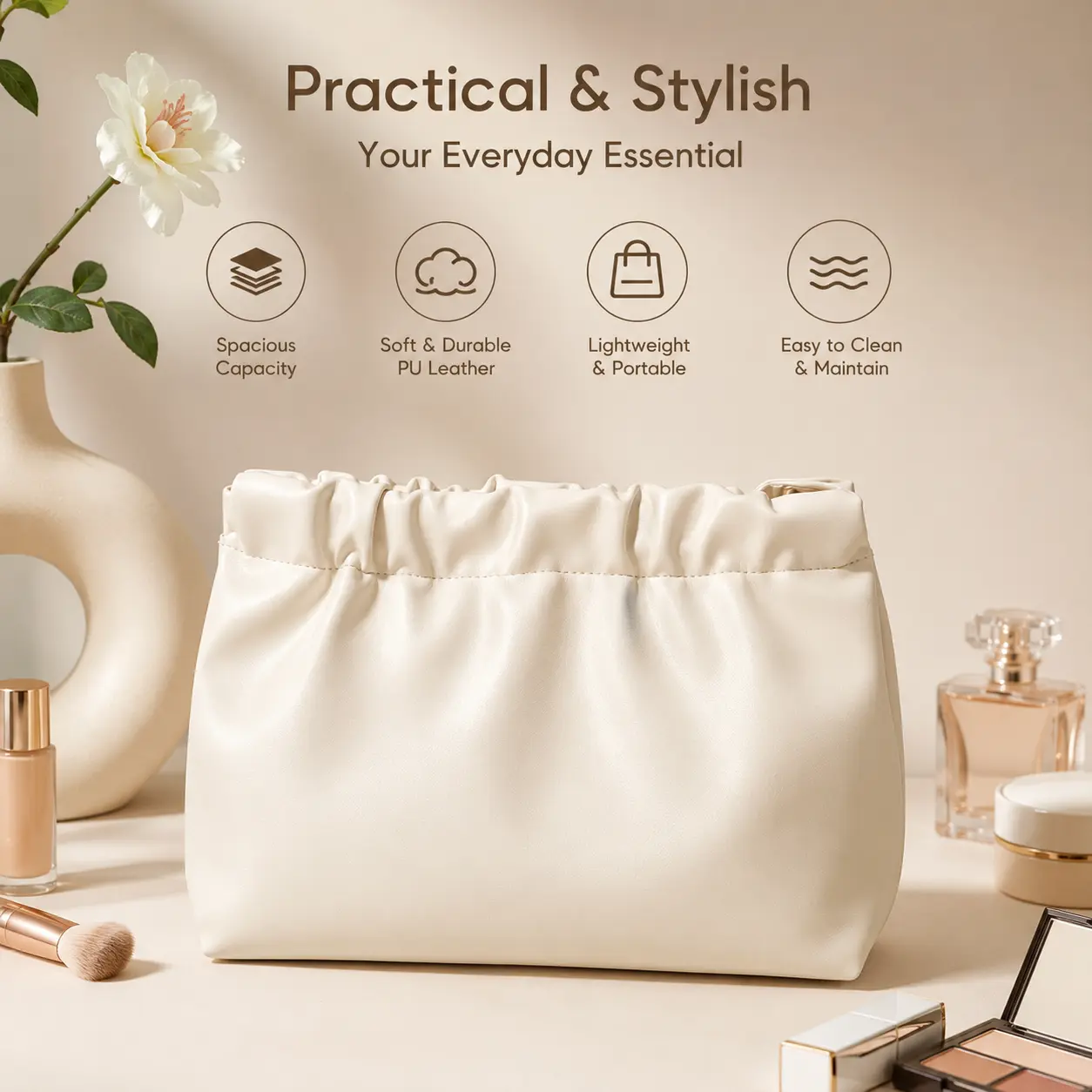 1 Count, PU Leather Cosmetic Pouch Portable Storage Bag with Spring Snap Closure for Organizing Makeup, Toiletries and Small Accessories for Daily Use