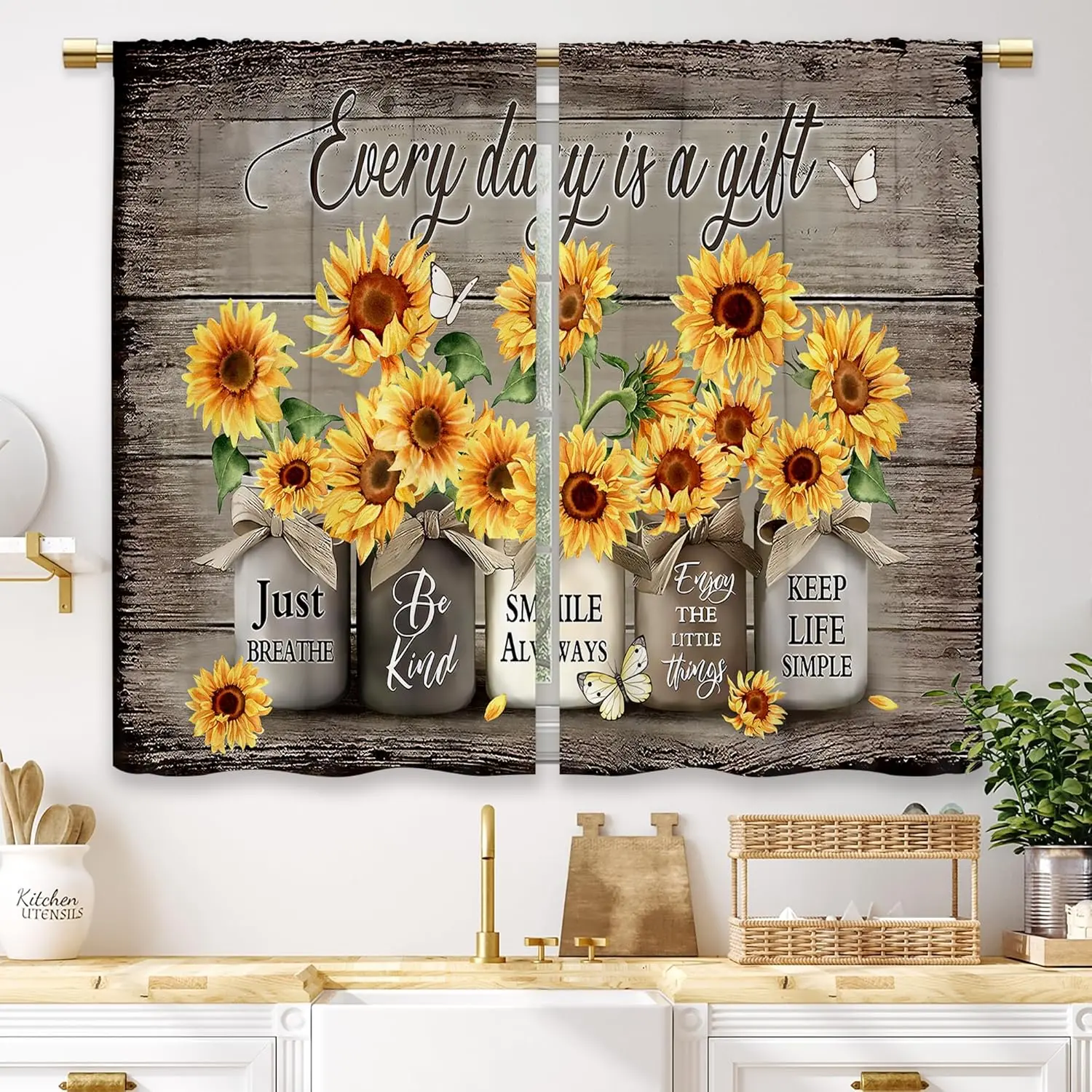 Vintage Sunflower Floral Curtains - Cottagecore Style, Traditional, 06-Farmhouse - Sunflower, 07-Brown Vase, Wrinkle Resistant, 2-Panel Rustic Drapes (27.5x39 in) for Kitchen Cafe Windows, Bathroom