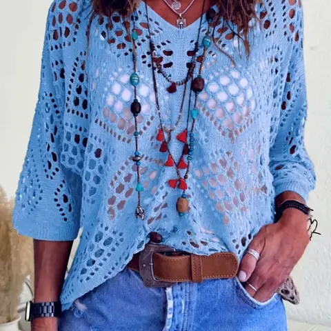 Women's V-Neck Batwing-Sleeve Crochet Knit Top, Lightweight Hollow-Out Design Sweater, Casual Basic Loose-Fit Cover-Up Top for Summer Vacation, Knitwear