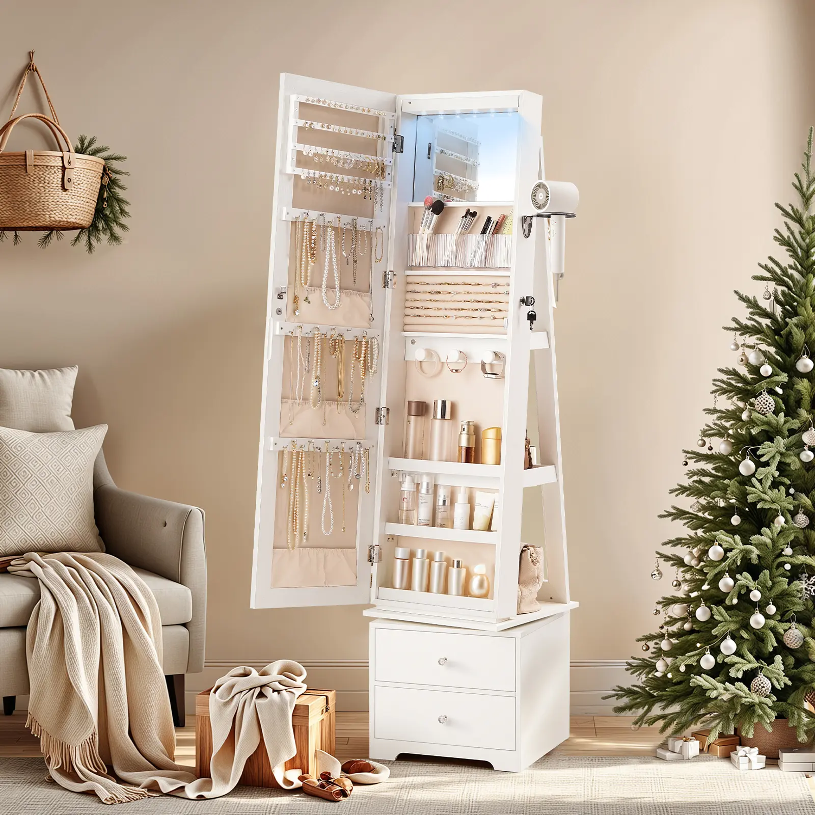 HOOBRO 360° Swivel Jewelry Cabinet with LED Lights, Standing Jewelry Armoire with 2 Drawers, Full-Length Mirrored Jewelry Organizer, Lockable Jewelry Cabinet, Makeup Brush Boxes, White