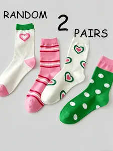 Random 2 Pairs Dopamine Colorblock Heart Polka Dot Mid-Calf Socks, Fun and Stylish Footwear for Everyday Wear, Perfect Gift Idea