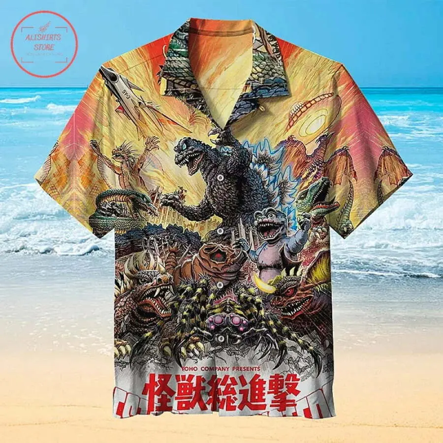 Godzilla Movie Summer Beach Aloha Hawaiian Shirt - Casual Button Front Cotton Wool Polyester Blend Four-Way Stretch Comfortable Fit for Beachwear & Everyday Wear