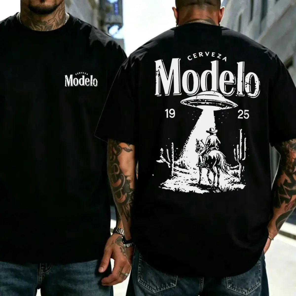 Unisex Retro Western Style "Modelo" Printed Short Sleeve T-Shirt for Men - Loose Fit Heavyweight Cotton Streetwear Casual Top with Front & Back UFO Denim Washed Patterns, Crew Neck Versatile Basic Tee for Everyday WearOversized