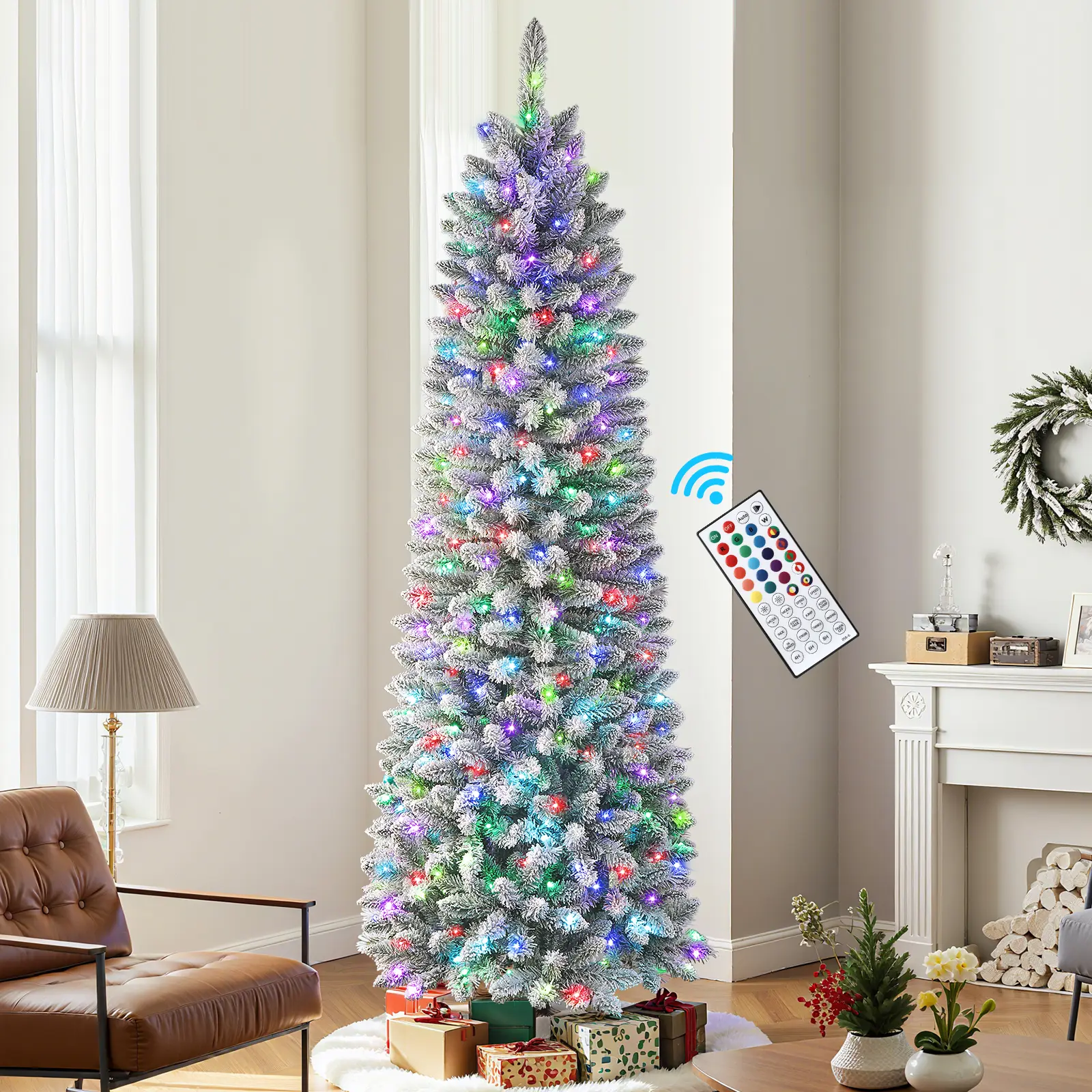 4/5/6/7.5/9 ft Prelit Snow-Flocked Slim Pencil Christmas Tree with Remote-Controlled RGB Multi-Color Lights — the perfect white Christmas decoration.
