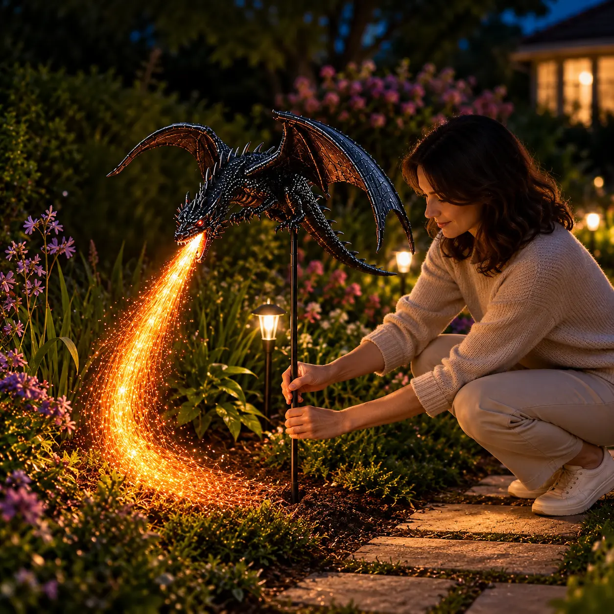 Solar Dragon Fire Garden Light, Outdoor Waterproof Dragon Statue Yard Stake with LED Flame Effect String Lights, Spooky & Fantasy Lawn Pathway Decor for Yard Patio Flower Bed Holiday Gift